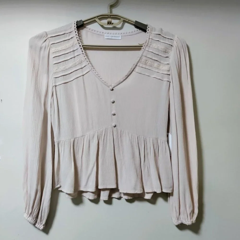 NWT Coco + Jaimeson Gauzy Coquette Whimsy Babydoll Peplum Top Beige Womens Small - Picture 8 of 9
